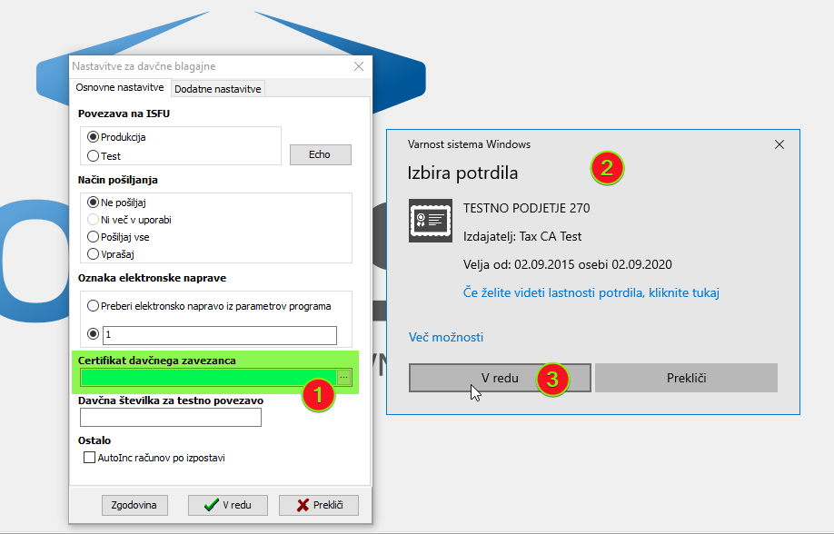 Vnos certifikata za davčne blagajne